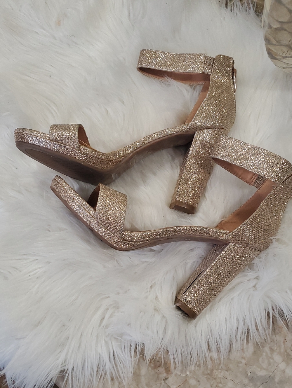TOP Moda Glitter Block Heel Sandals  in Gold Size 7.5